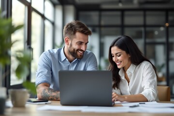 Obraz premium Two Professionals Collaborating on a Laptop