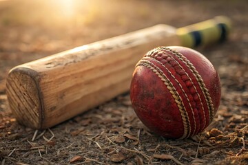 Red Cricket Ball and Wooden Bat Resting on Brown Ground Surface