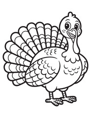 Classic Thanksgiving Turkey Displaying Full Tail Feathers – Detailed Line Art for Seasonal Coloring and Design Use