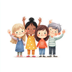Cheerful Watercolor Children Waving Hands Expressing Joyful Greetings and Friendship