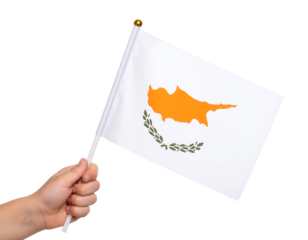 A hand holds the national flag of Cyprus, featuring the island's map and olive branches on a white field.