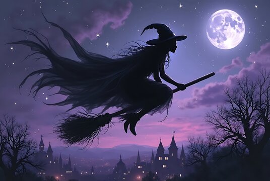 Silhouette of a witch flying on a broomstick across a purple twilight sky