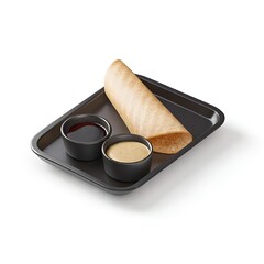 Dosa on a black tray with two small bowls of dipping sauces on white background