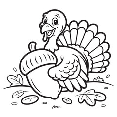 Chubby Thanksgiving Turkey with Acorns – Cute and Playful Line Art Illustration for Holiday Coloring Pages