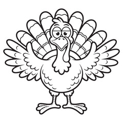 Happy Sitting Thanksgiving Turkey with Spread Wings – Line Art Cartoon for Coloring Pages and Autumn Crafts