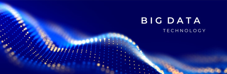 Blockchain technology background. Abstract digital network concept. Crypto data vector illustration. Blue and yellow particle background. Flow wave with dot landscape.