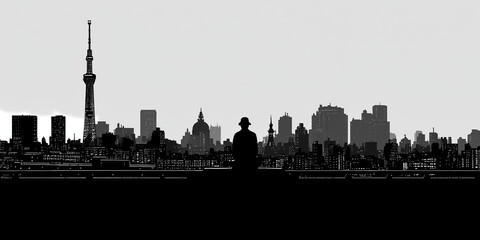 Silhouette of tokyo, illust, black and white