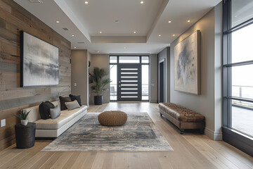 Luxurious modern home interior showcasing elegant living room design and spacious foyer space with contemporary residential architecture and bright natural light. virtual background concept.