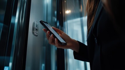 A close-up shot of a woman hand is holding an smartphone, she is trying to enter the building with the code or face or finger ID