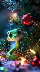 Green little snake is sitting by the Christmas tree, in the style of iconic pop culture caricatures, cute and dreamy
