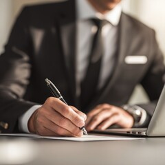 Close-up of a man in a suit writing