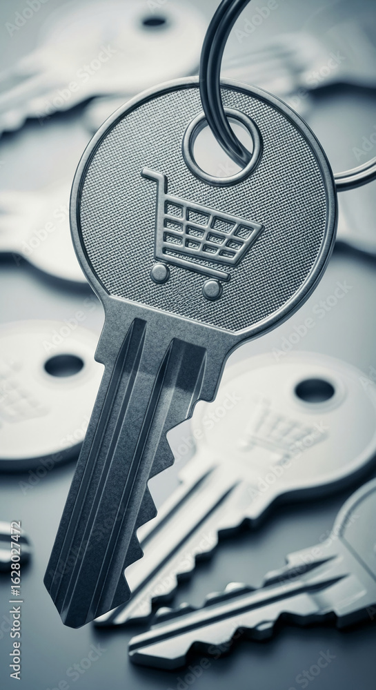 Poster close-up of metallic key with shopping cart symbol, surrounded by blurred keys, symbolizing online s