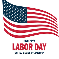 A festive graphic illustration featuring an American flag waving, accompanied by the text "Happy Labor Day."