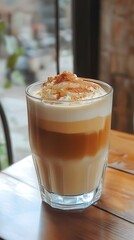 Delicious layered coffee drink topped with cream and spices, served in a clear glass.
