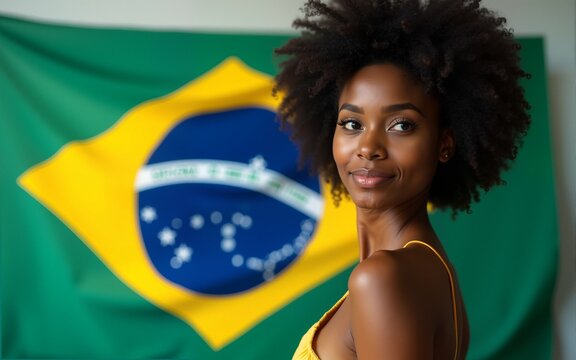 Black woman with Brazilian flag, independence day. High quality - Powered by Adobe