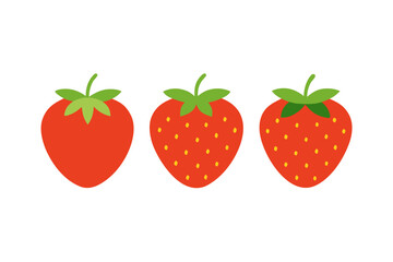 Three stylized red strawberries with green leaves on a transparent background
