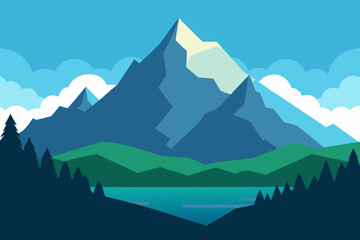 Naklejka premium Majestic mountain range with a clear lake and pine trees under a blue sky