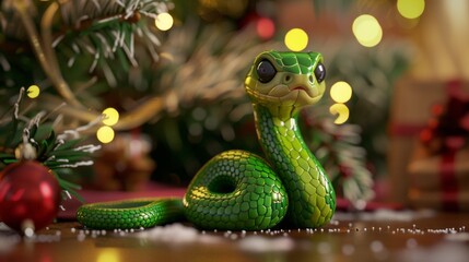 Green little snake is sitting by the Christmas tree, in the style of iconic pop culture caricatures, cute and dreamy