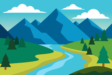 Serene mountain landscape with a winding river and green trees under a blue sky
