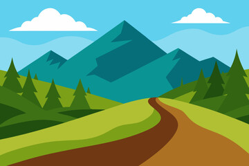 Winding dirt path through green hills towards majestic teal mountains