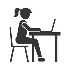 Minimal flat black icon of a woman at office desk working on a laptop vector illustration on white background. Great for HR, business apps, and company visuals.