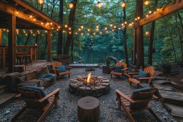 Cozy outdoor evening fire pit retreat with warm string lights and adirondack chairs by tranquil lake in serene forest nature setting for ultimate relaxation. virtual background concept.