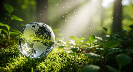 Crystal Earth in lush green moss and sunlight creating an environmental concept