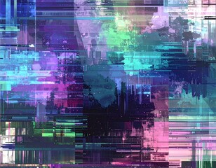 ネオンカラーが揺らめくグリッチアート風のサイバーパンク背景