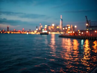 Photo of blurred skyline view of  city at night with lights reflecting on the water, showcasing the urban landscape and architecture of the downtown district