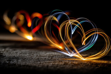 Neon heart lights illuminate a dark, moody atmosphere