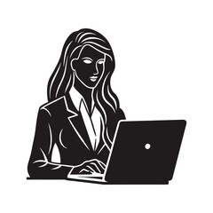 Minimalist silhouette vector of a female professional using a laptop on white background. Great for business tech, digital workspace, and modern office design.