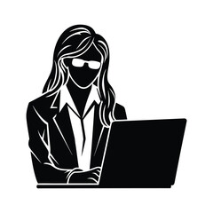 Professional woman at laptop silhouette icon vector illustration in bold black on white background. Perfect for business, freelancing, or productivity themes.