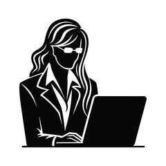 Businesswoman and businesswoman working on laptops at the office desk Business Woman Working on Laptop Silhouette vector icon illustration on white background minimalist flat black bold