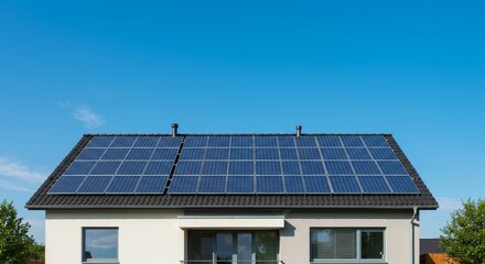 Naklejka premium Modern House with Solar Panels Under Clear Blue Sky