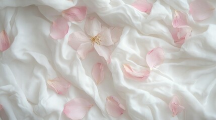 Obraz premium Delicate pink cherry blossoms on white linen sheets