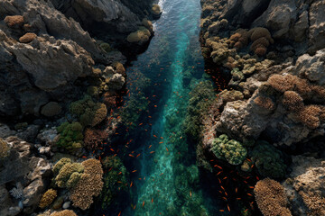 Obraz premium Vibrant coral reef with colorful fish seen from above