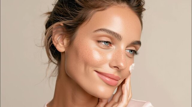 Young woman gently massaging facial complexion achieving radiant assured with relaxed, self moisturizer, smile video 4k