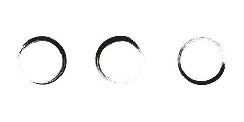 Set of 3 Zen Ink Circle Brush Strokes – Grunge Hand-Drawn Enso Rings on White Background