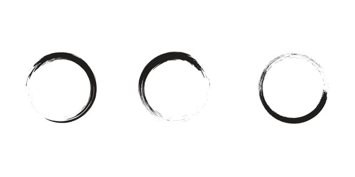 Set of 3 Zen Ink Circle Brush Strokes &ndash; Grunge Hand-Drawn Enso Rings on White Background