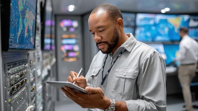 Focused Technician at Work: A dedicated technician meticulously reviews data on a tablet within a state-of-the-art control room, immersed in an environment of complex technology.