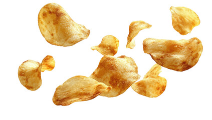 Crispy potato chips in mid-air, scattered