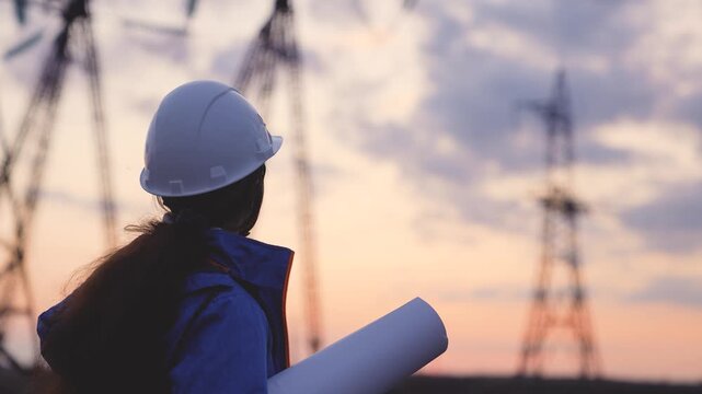 An electrician at a high voltage power plant works with a project at sunset in the sky, electrical energy design, industry concept, modern business technology, an engineer in the glare of the sun.