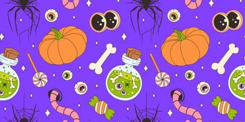 Spooky and cute seamless pattern for Halloween celebration. Scary Halloween night. Pumpkin, spider, spiderweb, worm, elixir, potion, bone, candies, stars. Print for printing, posters, paper packaging