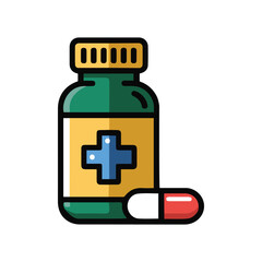 Obraz premium Flat vector of medicine bottle with red-white capsule, useful for drugstore, medical info, or healthcare topics.