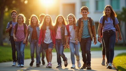 A diverse group of smiling students walk together on school grounds during a sunny afternoon
