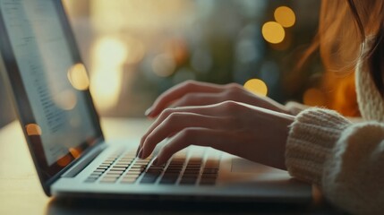 Close up, woman hand typing on laptop computer keyboard. Business woman online working on laptop computer, surfing the internet, searching the information at home office