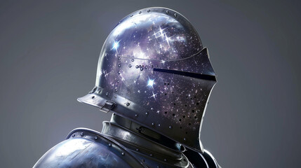 "A knight’s helmet with a visor that reveals a galaxy of swirling vector stars