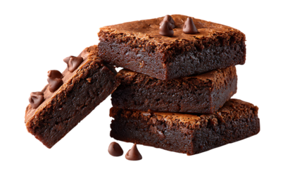 Stack of rich chocolate brownies with chocolate chips isolated on transparent background