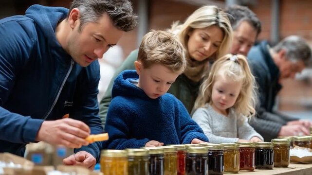 Family Exploring Gourmet Delights: A family of various generations discovers a spectrum of delectable, homemade goods at a gourmet food fair.