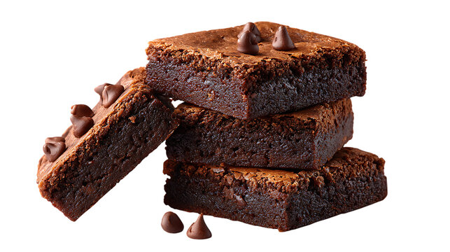 Stack of rich chocolate brownies with chocolate chips isolated on transparent background